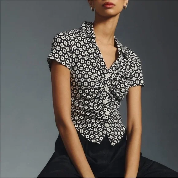 Anthropologie Maeve Black/White Floral Blouse S/Sleeve Sz XLarge Ruched Stretchy - Picture 11 of 11